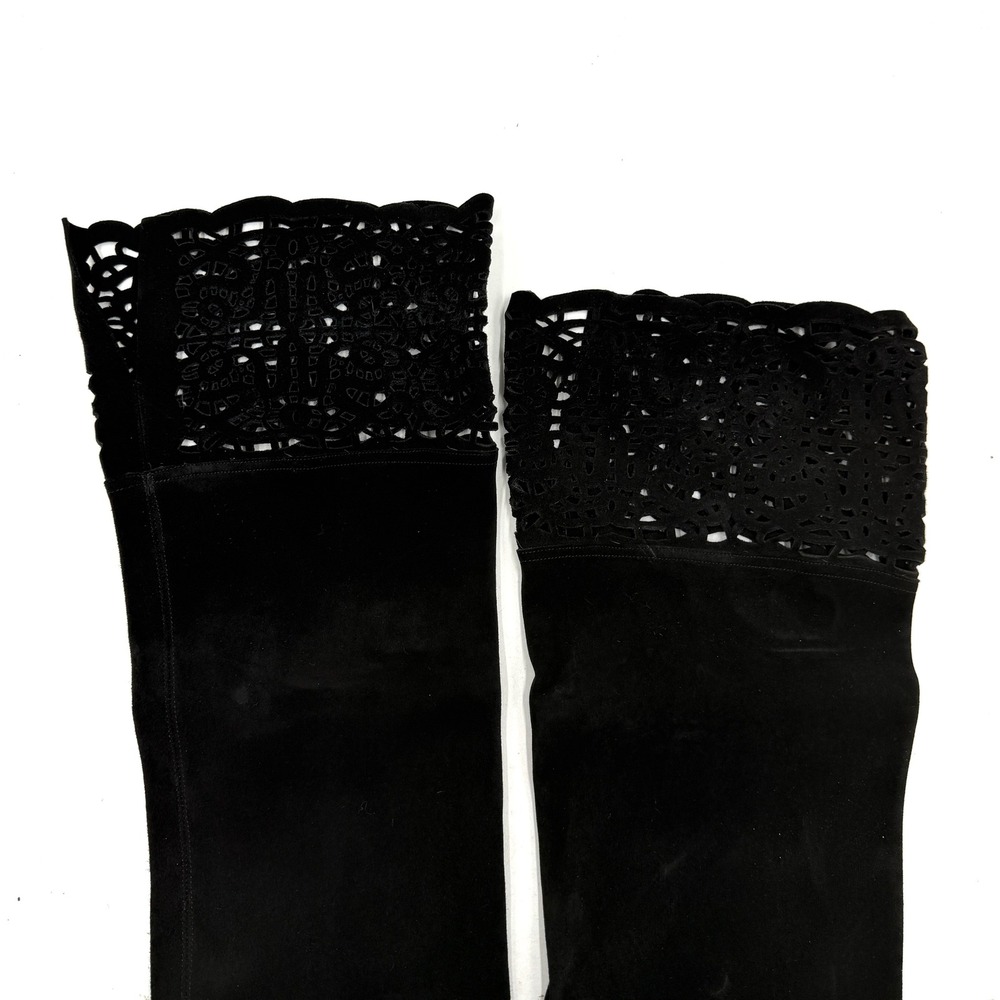 Manolo Blahnik Black Over-the-Knee Lace-Trim Boots - Picture 5 of 13